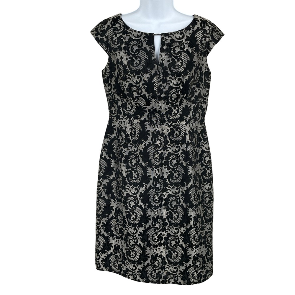 Liz Claiborne Sheath Dress Women 8 Black Silver Damask Metallic Classic Timeless